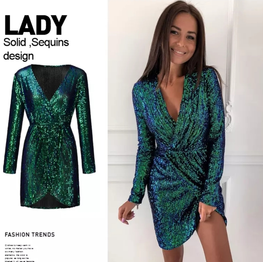 Green Sequins Party Ruched Long Sleeve Dress - Picture 2 of 9